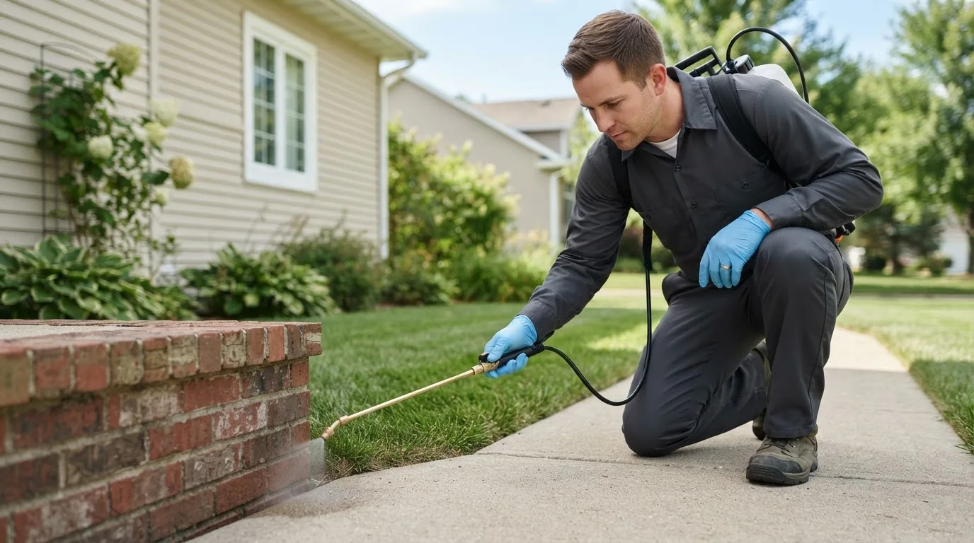Pest control technician treating a home near La Plata, MO